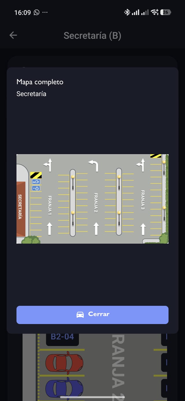 Modal de mapa completo de una zona de estacionamiento.
