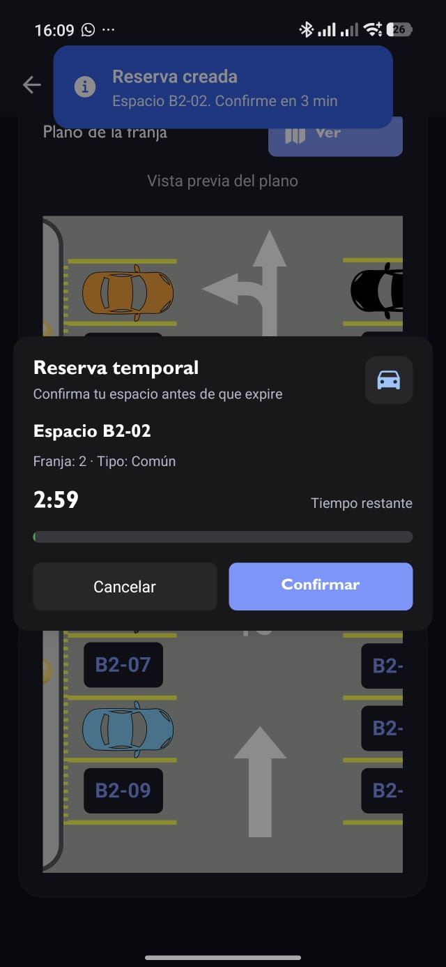 Flujo de reserva temporal con confirmación y tiempo restante.